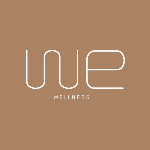 Logo of WeWellness on a brown background, showcasing the brand name with a modern design.